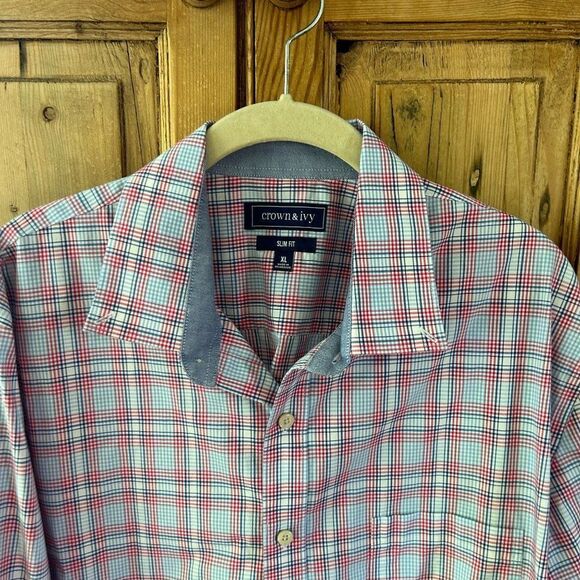 Men's Crown & Ivy XL Slim Fit Blue Red White Long Sleeve Button Front Shirt - Picture 2 of 9
